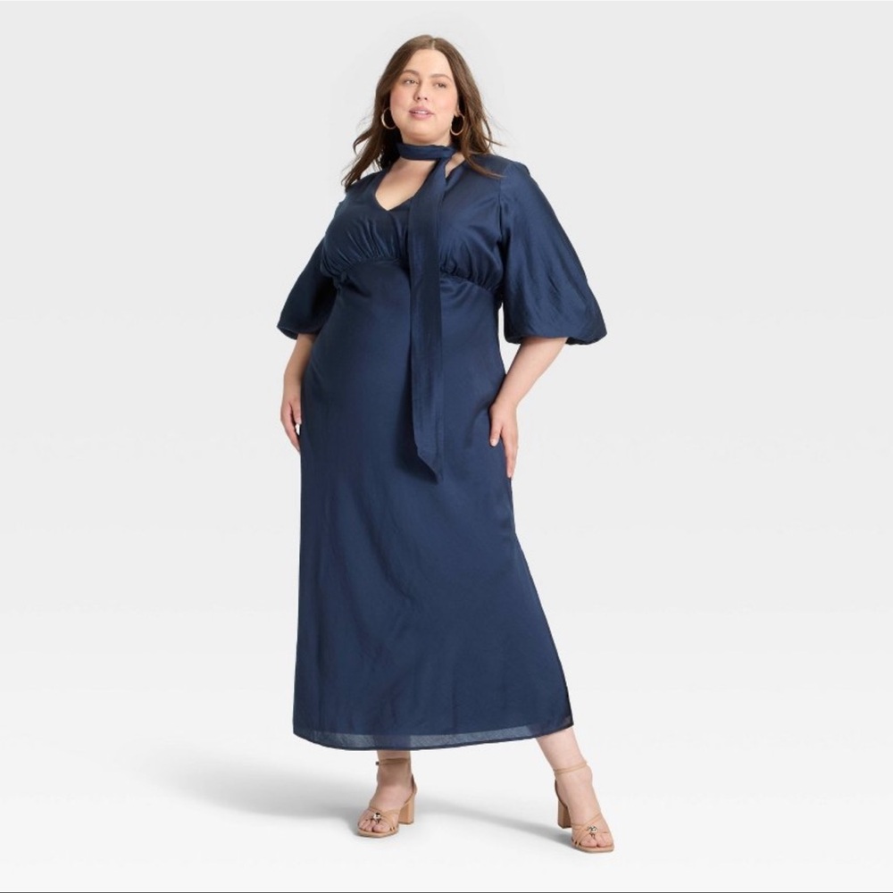 a new day Navy Blue Maxi Dress with Tie Neck